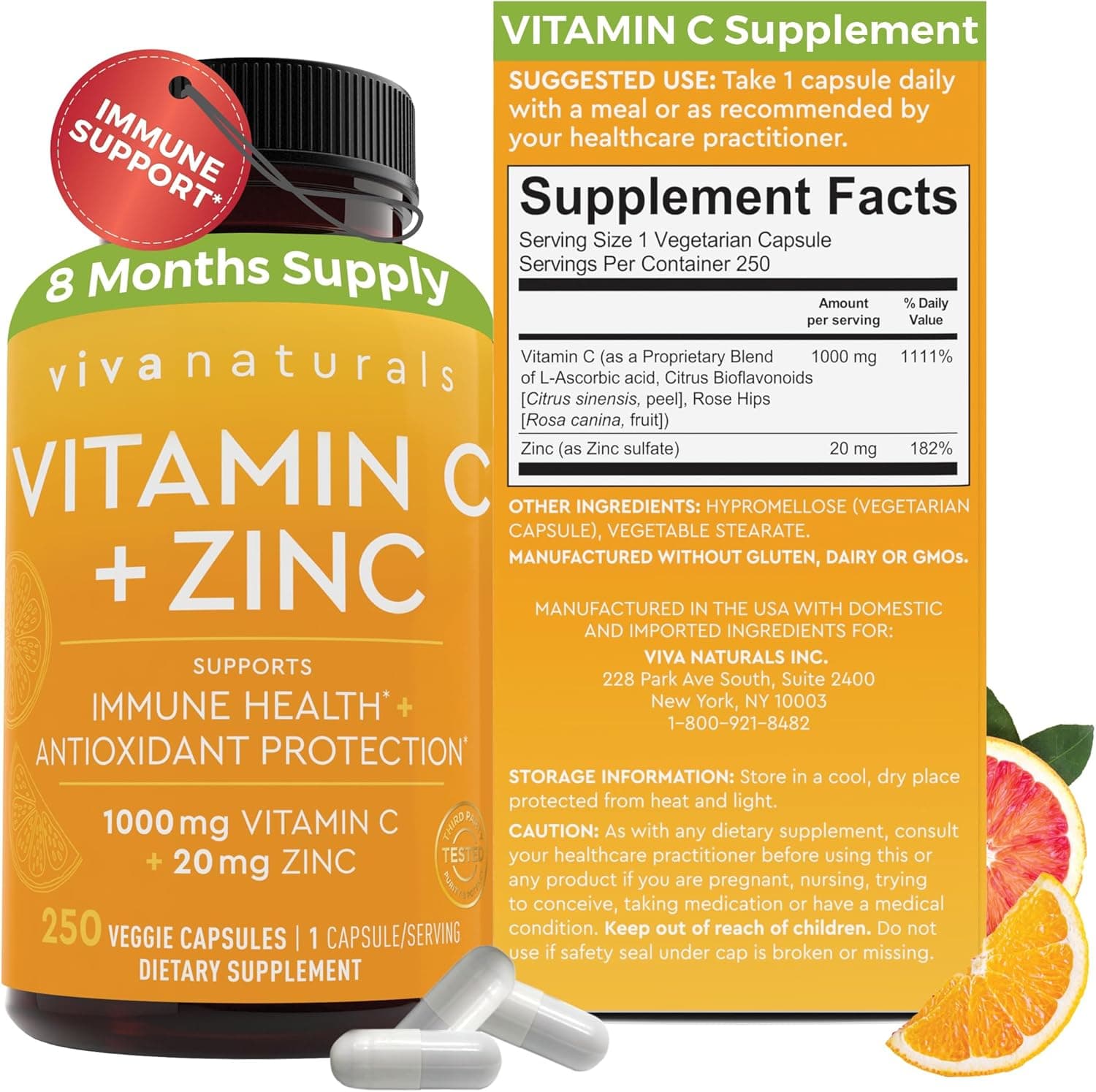 Viva Naturals Vitamin C and Zinc Supplement | 250 Capsules